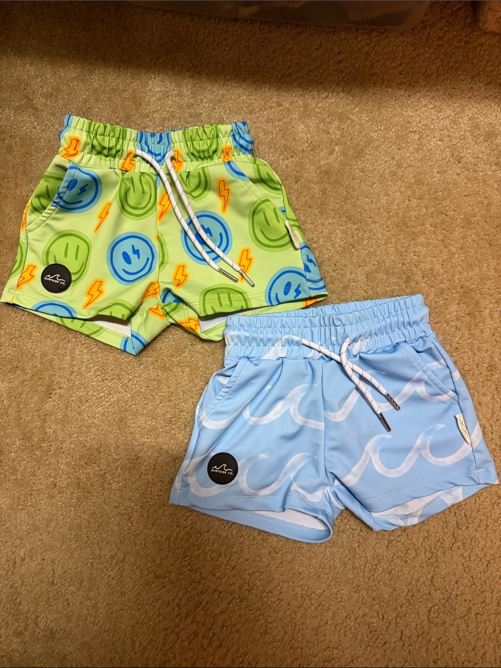 Surfside co Two-Pack Swim Shorts - Lime Green Smiley & Light Blue Wave